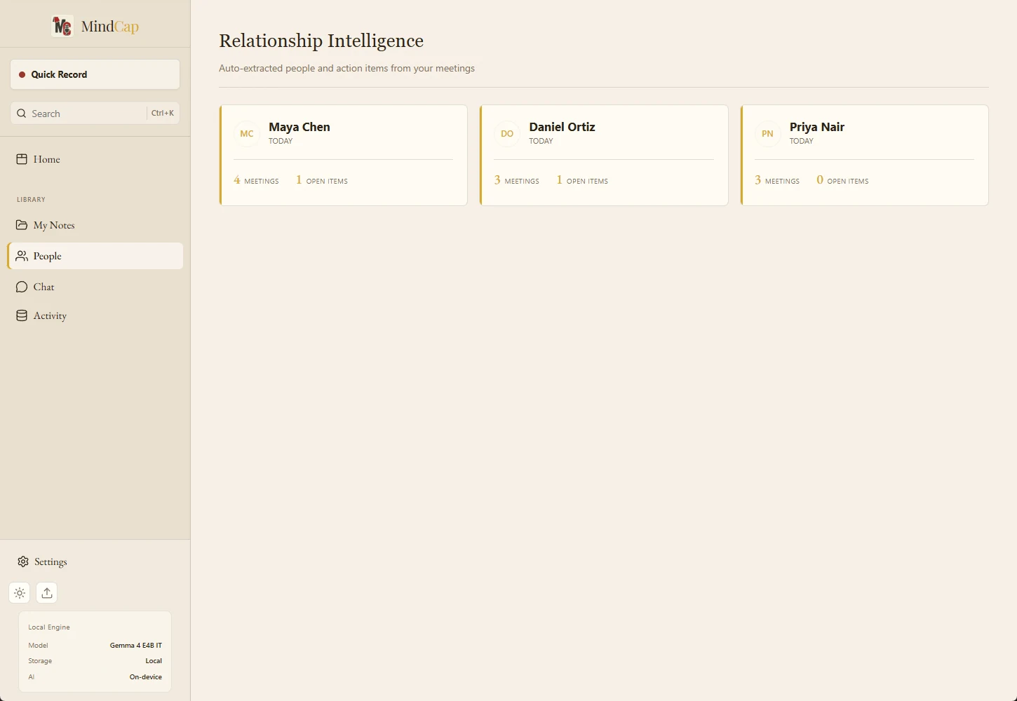 MindCap people directory showing fictional Maya Chen, Daniel Ortiz and Priya Nair contact cards.
