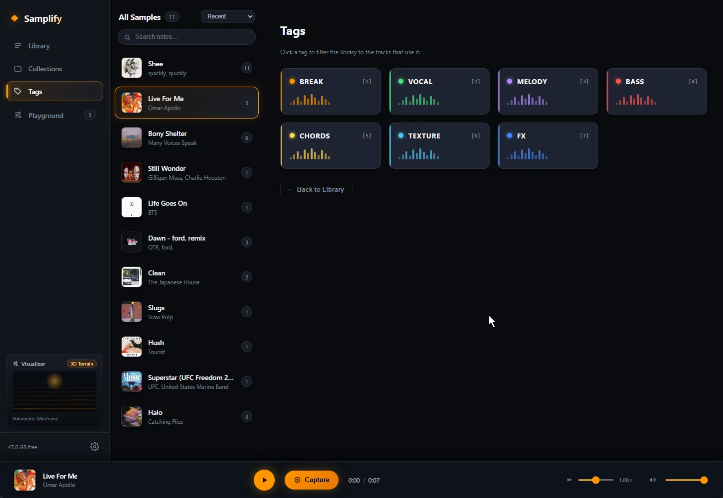 Samplify tag view showing Break, Vocal, Melody, Bass, Chords, Texture and FX categories beside the audio library.